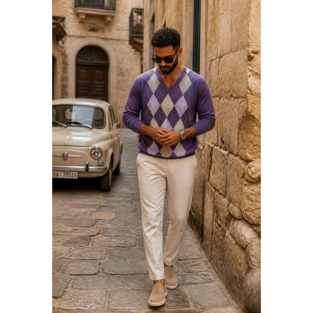 Banana Republic Men Purple Argyle Silk Cashmere Blend Sweater XL Y2K Preppy Golf